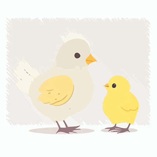 white hen chicken and her yellow baby chick, white background, childrens book flat color vector art