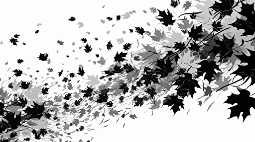 vector art texture of many small unique maple leaves falling down and flying in black drawing, white background