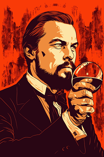 side view of Leonardo dicaprio in django unchained holding a small glass, front view, poster, vector, gritty, detailed, red background