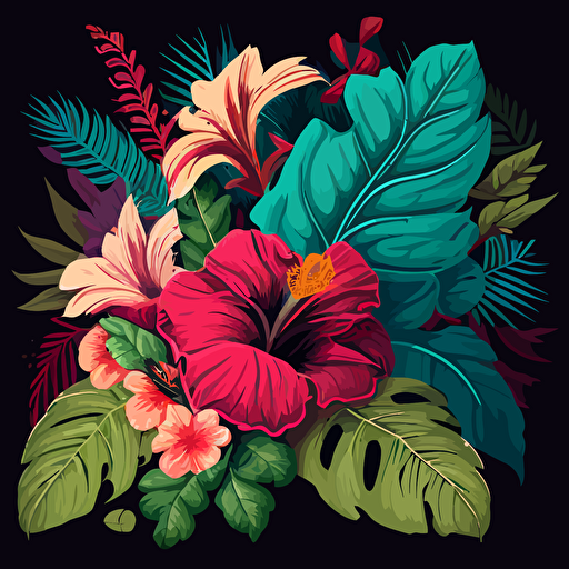 tropical leaves and hibiscous flowers digital art vectorial style