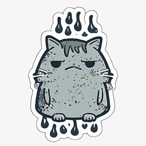 :sticker, surly cat, dishevelled, grey, dirty kawaii, contour, vector, white