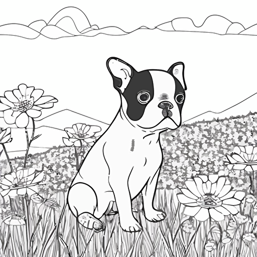 Happy cute boston terrier, big cute eyes, simple outline and shapes, coloring page black and white comic book flat vector, white background, sharp contours, strong line, landscape background, flower field background