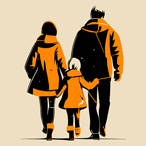 Family, father and mother, a child, back, whole body, vector illustration, hand in hand, look at the child, warm,