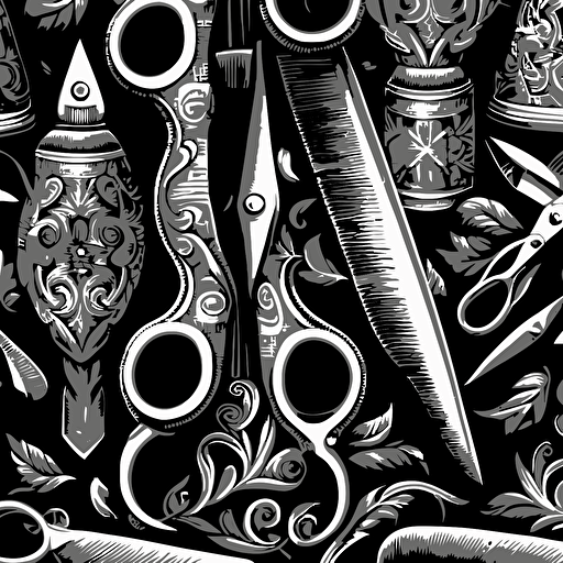 repeating pattern, barbershop clippers and shears, black and white, hd, detailed vector art