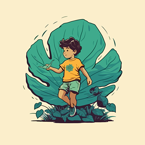 vectoral illustration, no borders, flat colors, kid playing with a big leaf, clean logo
