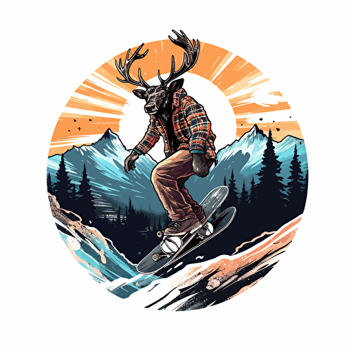 man bull riding Elk wearing flannel, black illustration on white, simple vector, black and white ::vector style