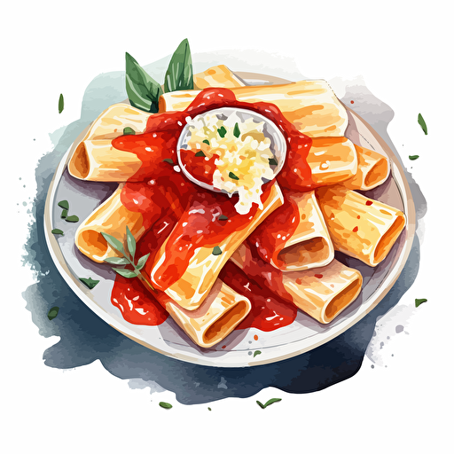 a plate of delicious rigatoni pasta with red sauce and dollops of mozzarella, in watercolor style, as a die-cut sticker design, vector format, on a white background. The watercolor style is loose and flowing, with a focus on blending and texture, and the colors are vibrant and fresh.