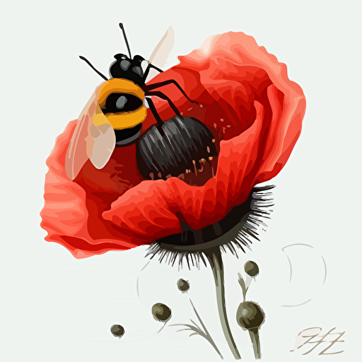 cartoon, queen bee on poppy flower, red poppy flower, vector, white background, no text