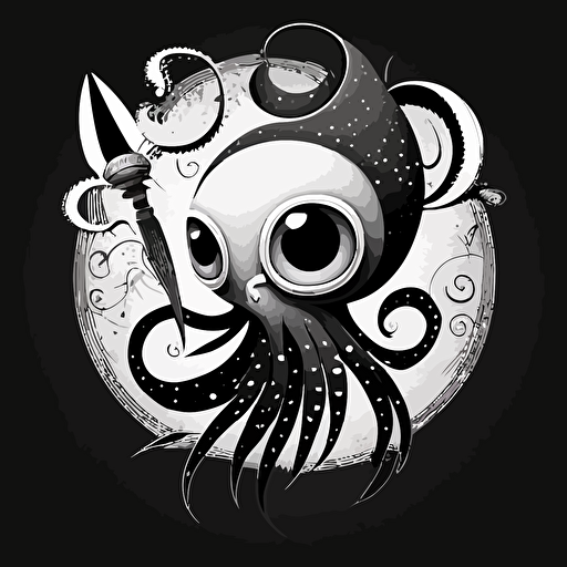 black and white, cartoon squid holding a feather quill with its tentacles, circle around the squid and quill, vector art
