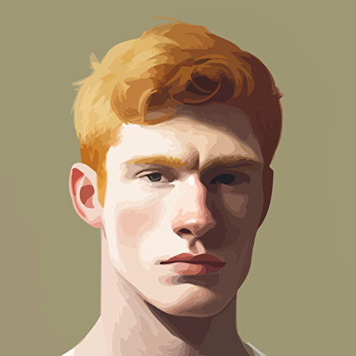 Young man, brown eyes, tapered strawberry blonde hair, no other distinctive features, focused stoic demeanor, athletic, meditation, headshot, muted colors, simplistic, vectorized