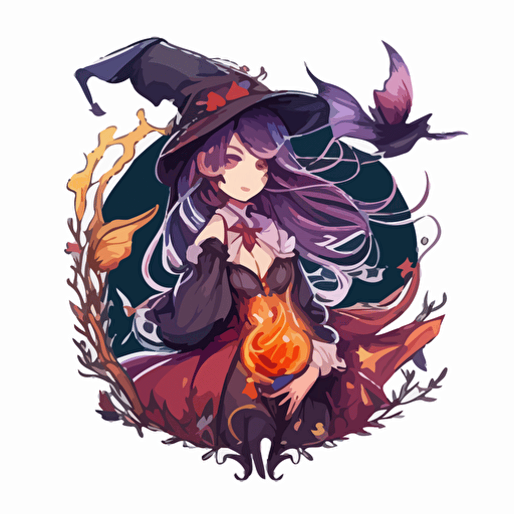 Beautiful Witch using magic, Sticker, Lovely, Satin Colors, Anime, Contour, Vector, White Background, Detailed