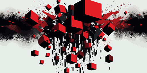 minimalist, vectorized, red and black colors, print layer , delicacy, elegant, transparent cubes flying in the sky