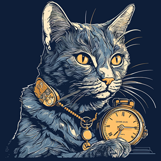 vector art style, cat looking at it's watch, in the style of Michael Parks