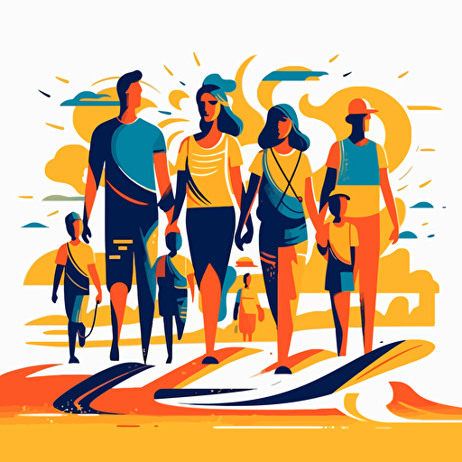 2d vector style art, family on a beach, vibrant colors, on a white background