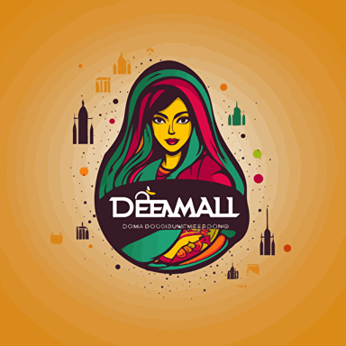 Design a logo with the name "Desi Dhamaal" for an indian street food brand depicting indian street food items, colorul, energetic logo, wordmark, Origial design, bollywood style font, vector
