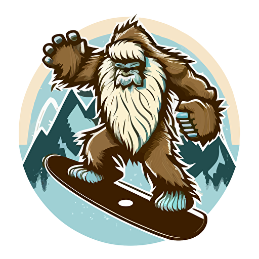 yeti with a snowboard, vector logo, vector art, emblem, simple cartoon, 2d