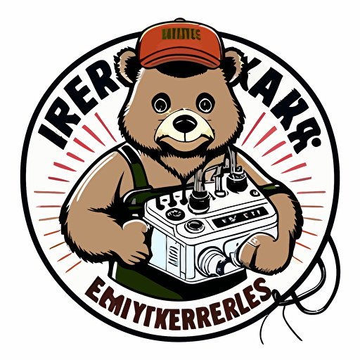 Logotype friendly electrician bear using multimeter, with text: "Rymarks Elektriska", white background, vector style