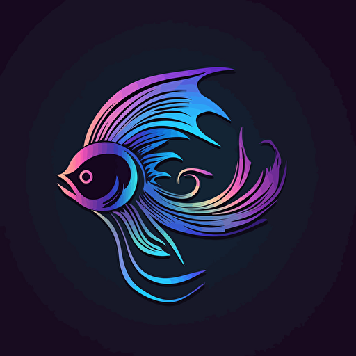 simple vector art logo, stylized design, colourful beta fish with focus on light violet, blue and black colors, shades of indigo colours, with shadows, pure black background