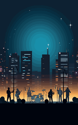 simple vector design, of a band performing on the big stage in teh city