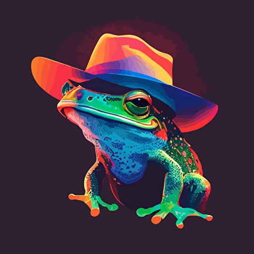 front page vector illustration of frog in a cowboy hat, colorful, vaporwave colors, no background color, vector design,
