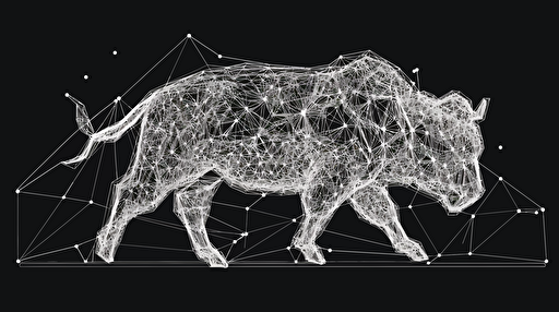 VISUAL STYLE: Line Drawing, GENRE: Company Logo, SUBJECT(S): Bison, Mesh Nodes, TIME PERIOD: Contemporary, COLOR: Black and White, ASPECT RATIO: 16:9, FORMAT: Vector Art, FRAME SIZE: 1080p, LENS SIZE: N/A, COMPOSITION: Bison in a leaping pose, with triangular mesh nodes covering its legs, centered on the frame, LIGHTING: N/A, LIGHTING TYPE: N/A, TIME OF DAY: N/A, ENVIRONMENT: N/A, LOCATION TYPE: N/A, SET: N/A, CAMERA: N/A, LENS: N/A, FILM STOCK / RESOLUTION: N/A, TAGS: Bison, Mesh Nodes, Leaping, Vector Art