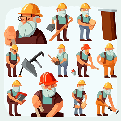 12 yaers old Builders Wearing Hard Hat with Construction Tools Executing Work Vector Set, different poses, isolated, white background