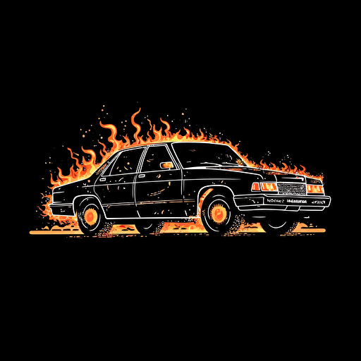 burning police car 16 bit, white on black background, no shading, 2D, vector, minimalist, solid line