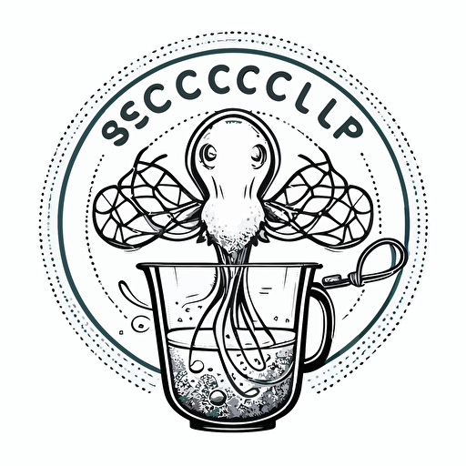 logo outline vector drawing, ocotopus holding a dip net and a scientific beaker, pool service company logo