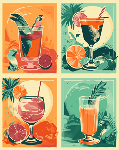 tropical cocktail, retro aesthetics, vector image, sticker design, pantone color scheme: 12-1706 TCX, 12-0824 TCX, 15-0146 TCX, 15-1164 TCX, 16-6340 TCX, 17-4247 TCX, 18-2043 TCX, 19-6026 TCX. The final piece should exude a warm, holiday-like ambiance.