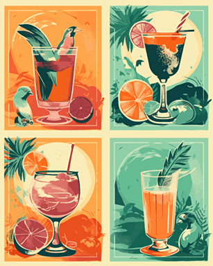 tropical cocktail, retro aesthetics, vector image, sticker design, pantone color scheme: 12-1706 TCX, 12-0824 TCX, 15-0146 TCX, 15-1164 TCX, 16-6340 TCX, 17-4247 TCX, 18-2043 TCX, 19-6026 TCX. The final piece should exude a warm, holiday-like ambiance.