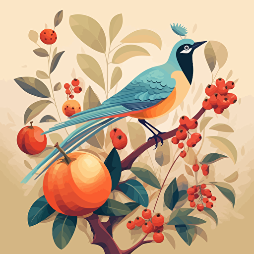 a bird on a pomegranate branch with fruits, vector style, by Namasri Niumim