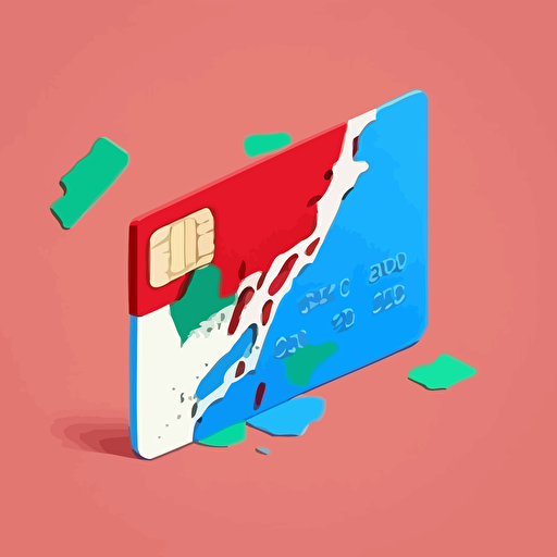 credit card with a bite taken out of it, vector flat, isometric, minimalist, red, green, blue, simple