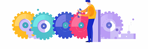 Fun, a person drawing a sequence of gears, colorful vector illustration for slide presentation, flat color palette, total white background, true white background
