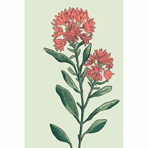 a vector flat image of a single stem of gum flowers up close. No shading. Block print red pink and green. Simple.