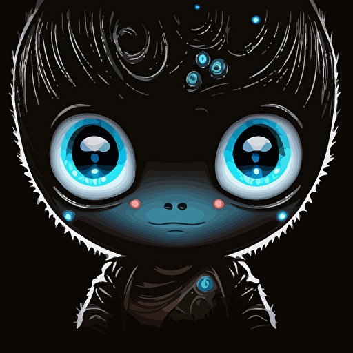A baby japanese alien with one blue eye, smiling, black background, vector art , anime style