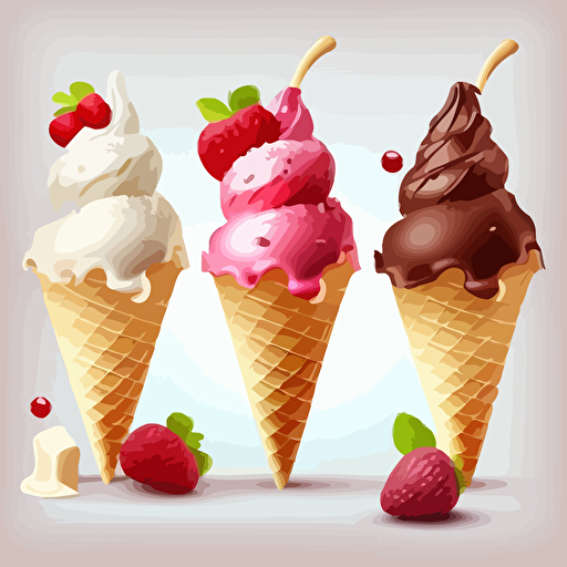 chocolate bar, vanilla, strawberry and raspberry ice cream cones, vector style