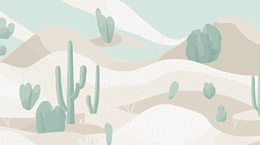 A minimalist top-down view of a white sand desert, dotted with distinct cacti, portrayed in a clean and modern vector illustration style. The scene should convey the vastness of the desert while showcasing the visually appealing patterns created by the cacti and sand. The color palette should consist of a harmonious blend of bright whites, soft blues, and muted greens. The composition should emphasize the abstract nature of the desert and cacti from the overhead viewpoint.