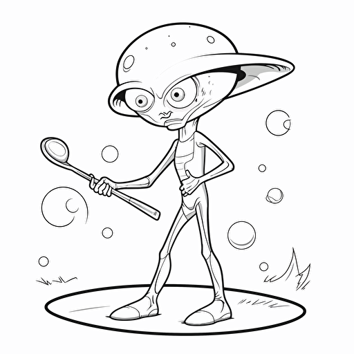 alien playing golf, coloring page, no shadow, vector, simple