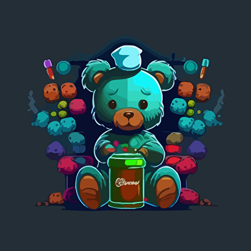 stoned futuristic teddy bear smoking marijuana in a candy factory, logo design, vector art