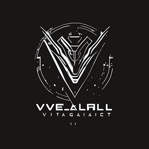 a white vector logo, futuristic, minimalist, space, sci fi, solid black background, cyberpunk v5 no shadows