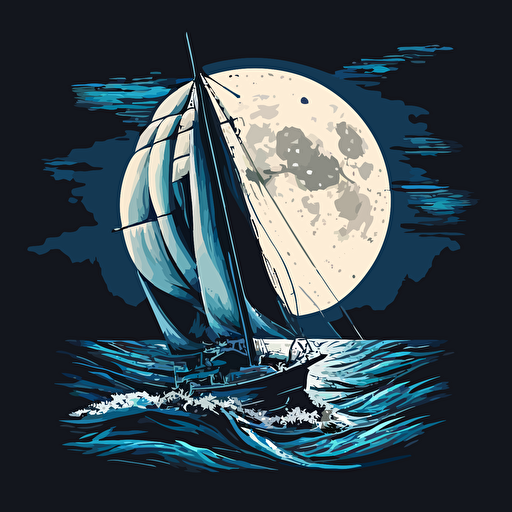 small sailboat/yacht with single mast and 2 sails at night on very rough seas with a huge moon. shades of blue and vector style.