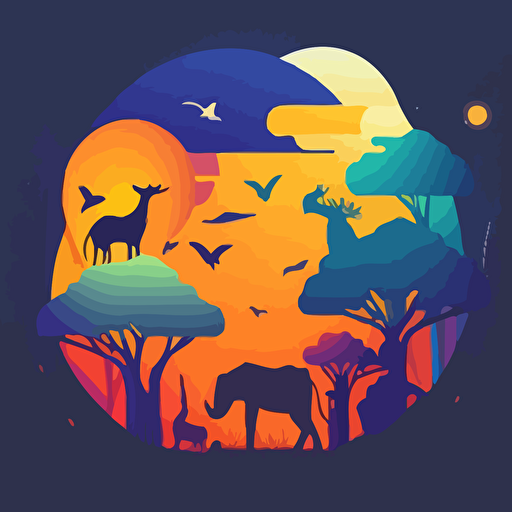 Minimalist, vector illustration, zoo background, mystery, solid color background, vibrant colors, rolling sky