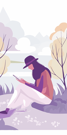 a young person writing into her journal, sitting in nature, sunny. Artsy flat vector illustration, light purples, white background