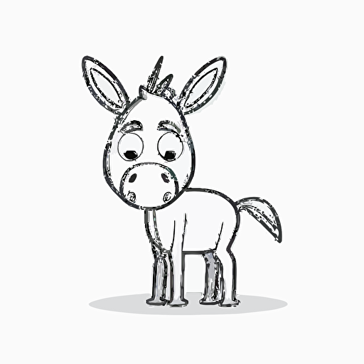 cute donkey in farm, big cute eyes, pixar style, simple outline and shapes, coloring page black and white comic book flat vector, white background