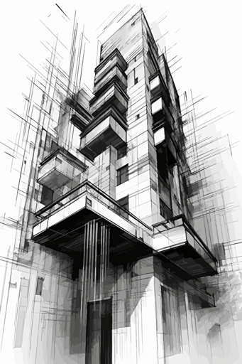 black and white architectural drawing, vector, white background