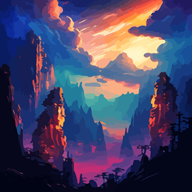 landscape, zhangjiajie national forest park, milky way, highly detailed, rich vivid colors, lightning, epic composition, ray tracing, octane render, vector, surreal. style of leonid afremov, wally wood, mondrian