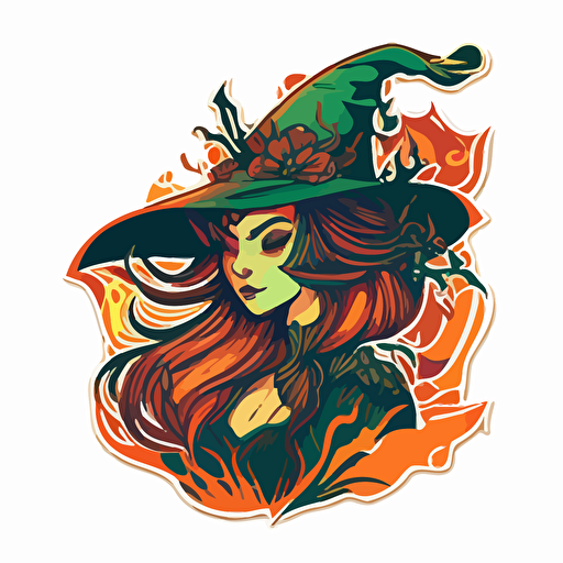 Beautiful young witch, Sticker, Happy, Earthy, Algorithmic art, Contour, Vector, White Background, Detailed