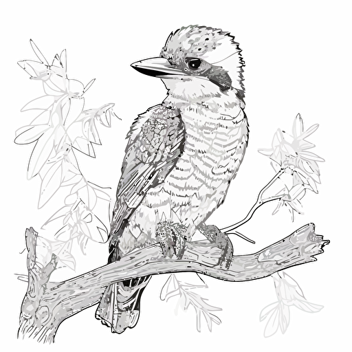 kookaburra in cartoon style, kids coloring page, simple line work, black and white no shadow, flat simple vector illustraion, smily face, on a tree