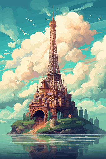 vector art, eiffel tower, clouds