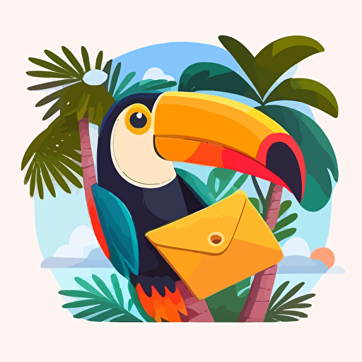 frontpage vector ilustration for customer support online course, main theme is smiling toucan holding an envelope, no background color, friendly and appealing, colorful